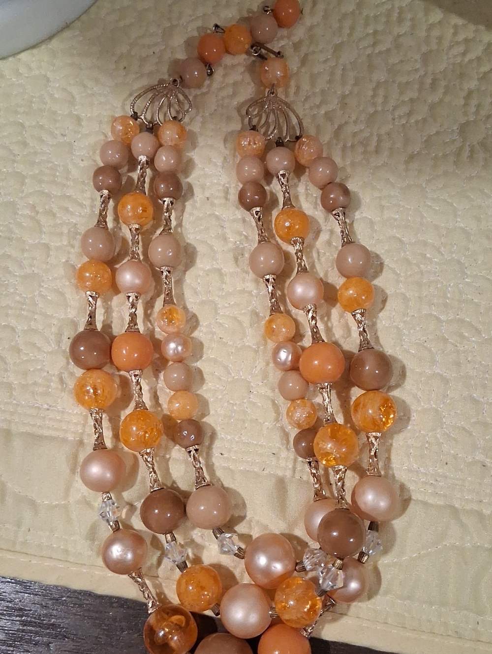 Layered Orange and Neutral Bead Necklace with Gold Accents